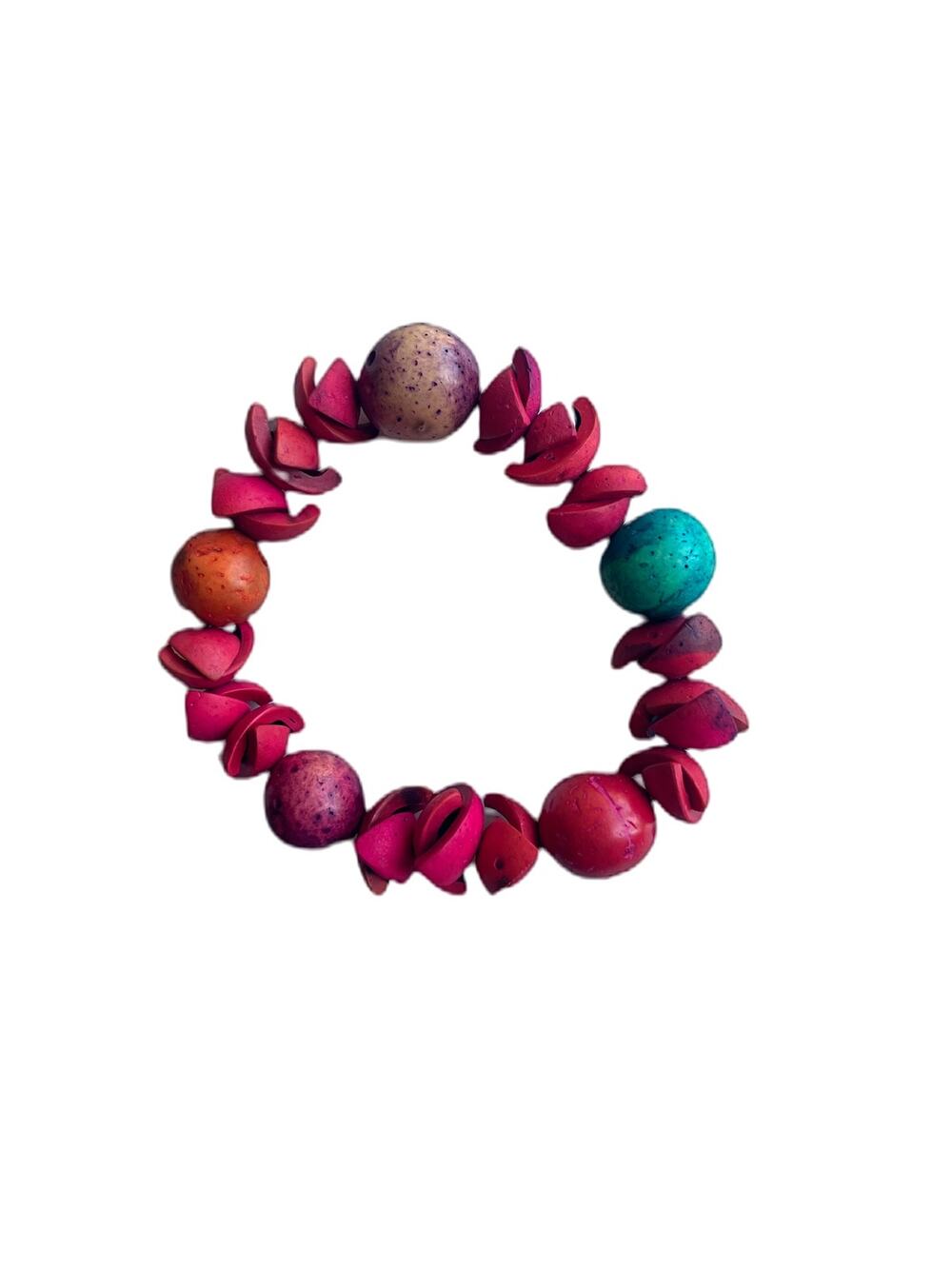 Handmade Wooden Beaded Bracelet Stretch Pink Purple Handcrafted Boho Travel